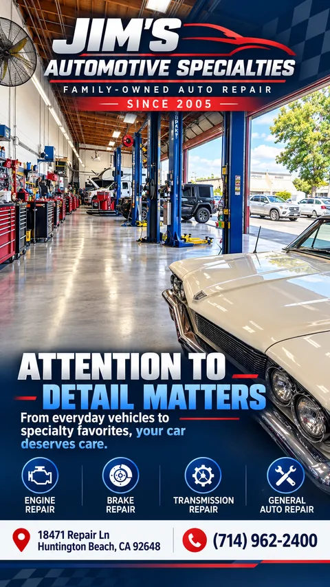 Shop graphic of the long service bay at Jim's Automotive Specialties with red tool chests, blue lifts and a cream classic car in the foreground