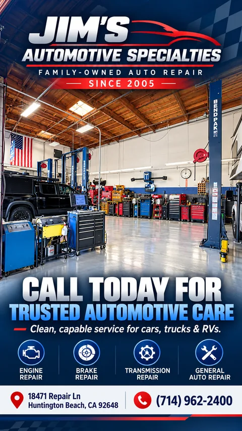 Shop graphic of the shop floor at Jim's Automotive Specialties with diagnostic equipment and a tool cart in front of a blue two-post lift, headline Call Today for Trusted Automotive Care