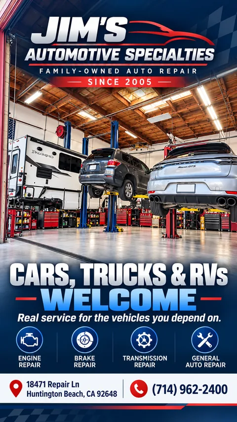 Shop graphic of an SUV and a silver Porsche Macan raised on lifts next to a Palomino camper inside Jim's Automotive Specialties, headline Cars, Trucks & RVs Welcome