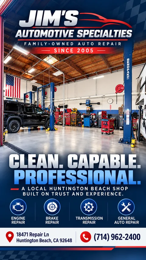 Shop graphic of the clean service bays at Jim's Automotive Specialties with blue lifts, a black SUV and an American flag, headline Clean. Capable. Professional.