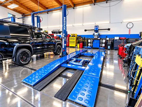 Blue drive-on lift on the polished shop floor with an SUV parked beside it at Jim's Automotive