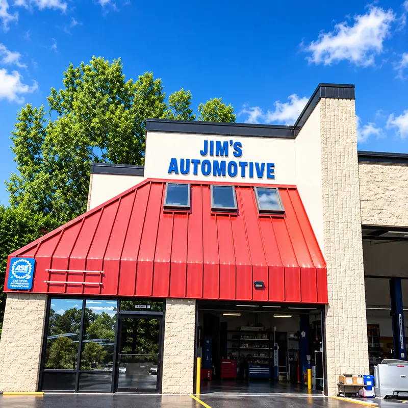 Front entrance of Jim's Automotive Specialties under the red awning, with the Jim's Automotive sign above the windows