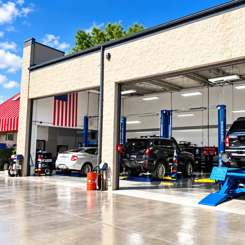 Open service bays at Jim's Automotive with an SUV and a pickup inside, a blue lift and an American flag hanging in the shop