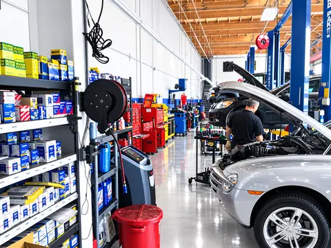 Shelves of fluids and parts beside a silver car with its hood open while a technician works on the engine