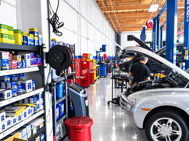Shelves of fluids and parts beside a silver car with its hood open while a technician works on the engine