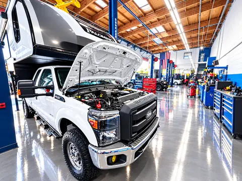 White pickup truck with its hood open on the shop floor at Jim's Automotive