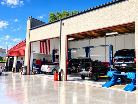 Service bay openings at Jim's Automotive with an SUV and a pickup inside and a lift ready for the next vehicle