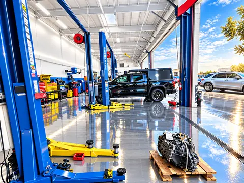 Clean shop floor at Jim's Automotive in Huntington Beach with blue two-post lifts, yellow lift arms and open bay doors