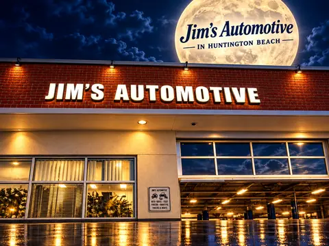 JIM'S AUTOMOTIVE building sign lit at night with the round Jim's Automotive in Huntington Beach logo above