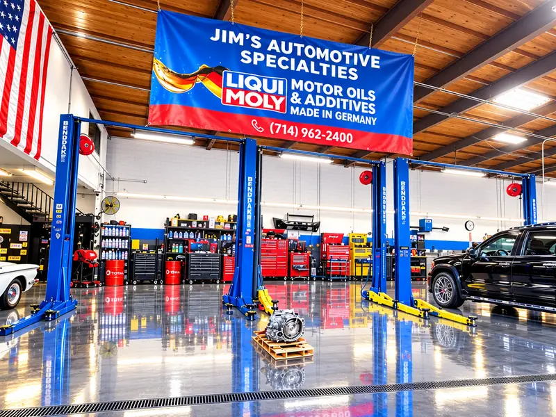 Shop interior with a Jim's Automotive Specialties banner showing (714) 962-2400 hanging above blue lifts and red tool chests
