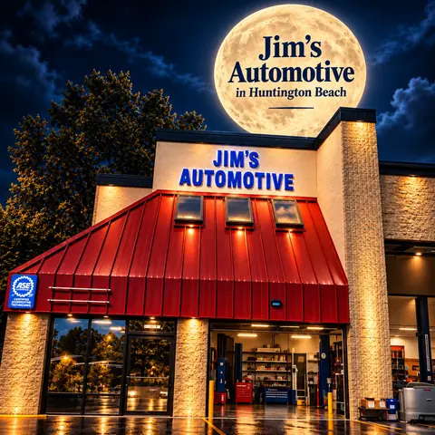 Jim's Automotive storefront lit up at night beneath the round Jim's Automotive in Huntington Beach logo