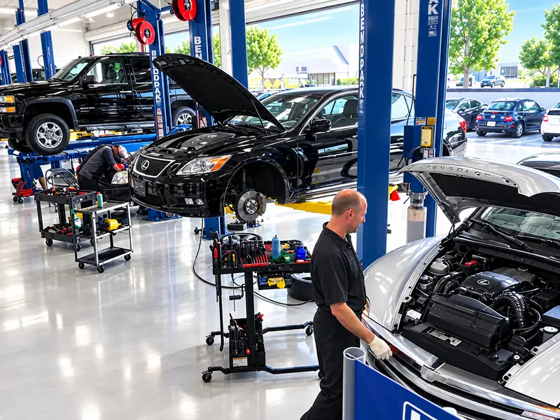 Technician working in the engine bay of a car at Jim's Automotive, with other vehicles on lifts in the background