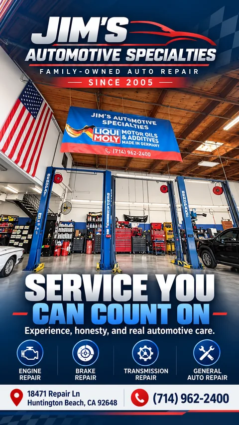 Shop graphic of the service bays at Jim's Automotive Specialties with a hanging Jim's Automotive Specialties banner for Liqui Moly motor oils and additives, an American flag and three blue lifts
