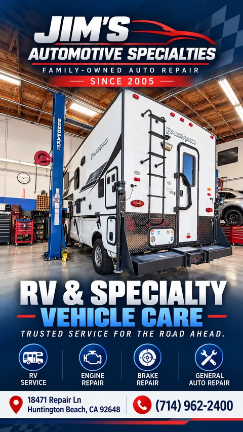 Shop graphic showing a white Palomino truck camper parked beside a blue two-post lift inside Jim's Automotive Specialties, Huntington Beach, with the headline RV & Specialty Vehicle Care