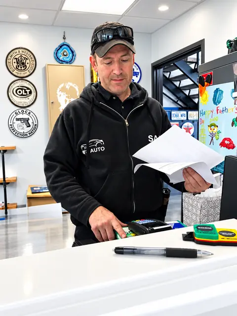 Sam, owner of Jim's Automotive Specialties, reviewing paperwork at the customer counter in Huntington Beach