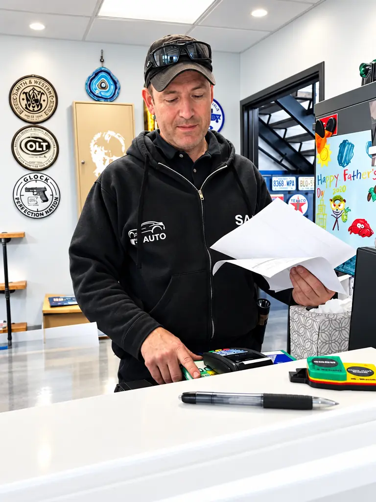 Sam, owner of Jim's Automotive Specialties, reviewing paperwork at the customer counter in Huntington Beach