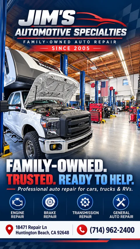 Shop graphic of a white Ford Super Duty pickup with a camper and its hood open in the service bay at Jim's Automotive Specialties, Huntington Beach