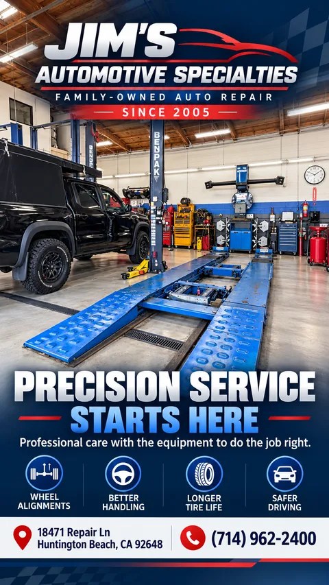 Shop graphic of a blue wheel alignment rack and a black pickup in the service bay at Jim's Automotive Specialties, headline Precision Service Starts Here